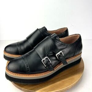 EUC Halogen Black Leather Cap Toe Platform Monk Strap Oxford Shoes Size 8.5